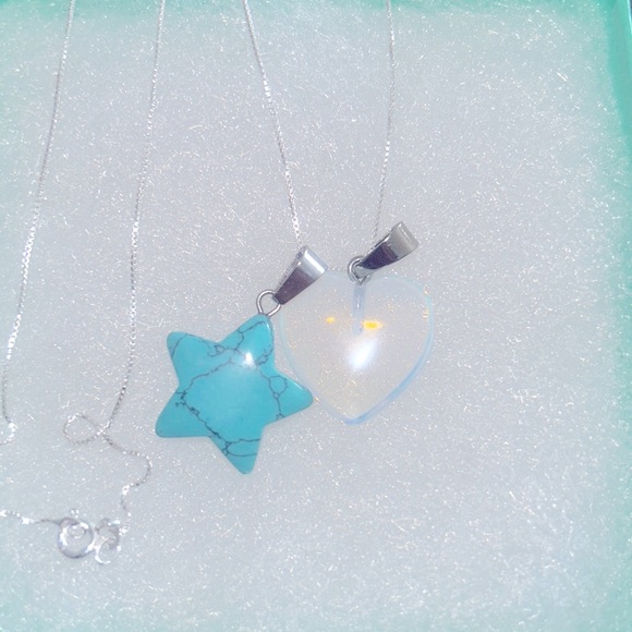 Boho Turquoise Star ⭐️ and Opal Heart ❤️ Sterling Silver 16” Necklace - Picture 2 of 6